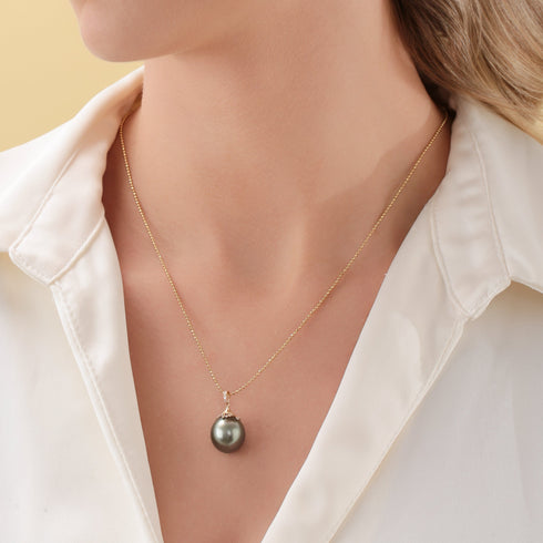 Large Tahitian Pearl Pendant Gold Bead Necklace - House Of Pearls